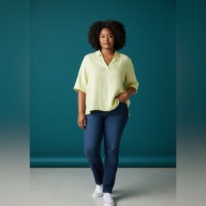 Tahari Womens 100% linen green/yellow top size 1X